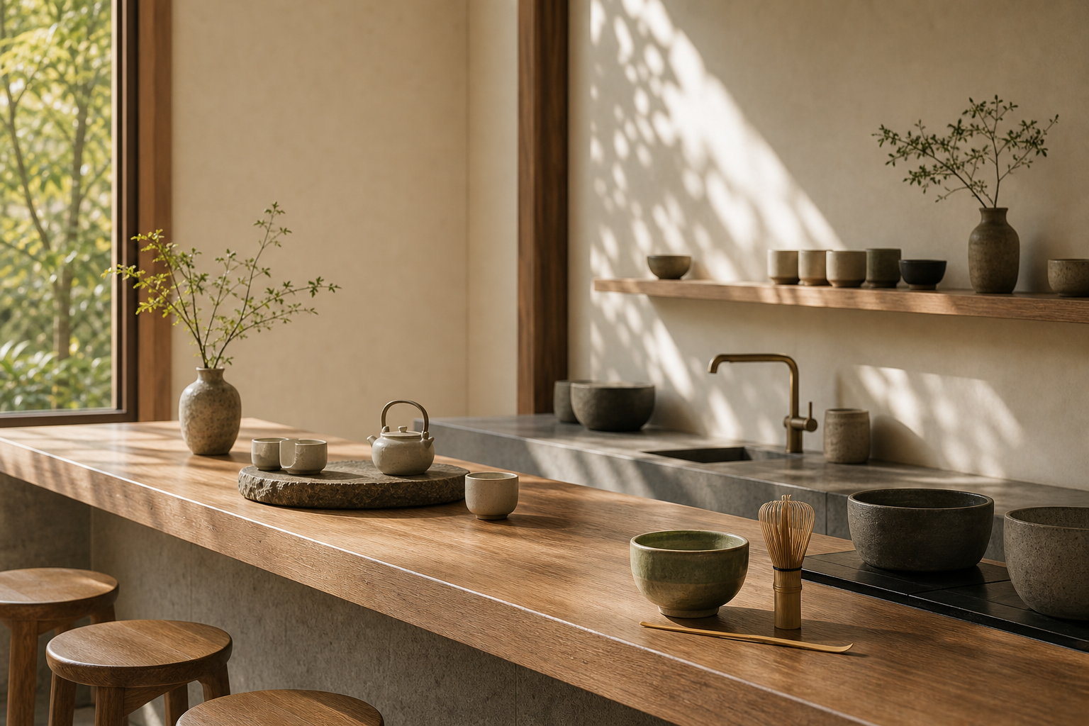 Japence cafe counter with ceramics and morning light.