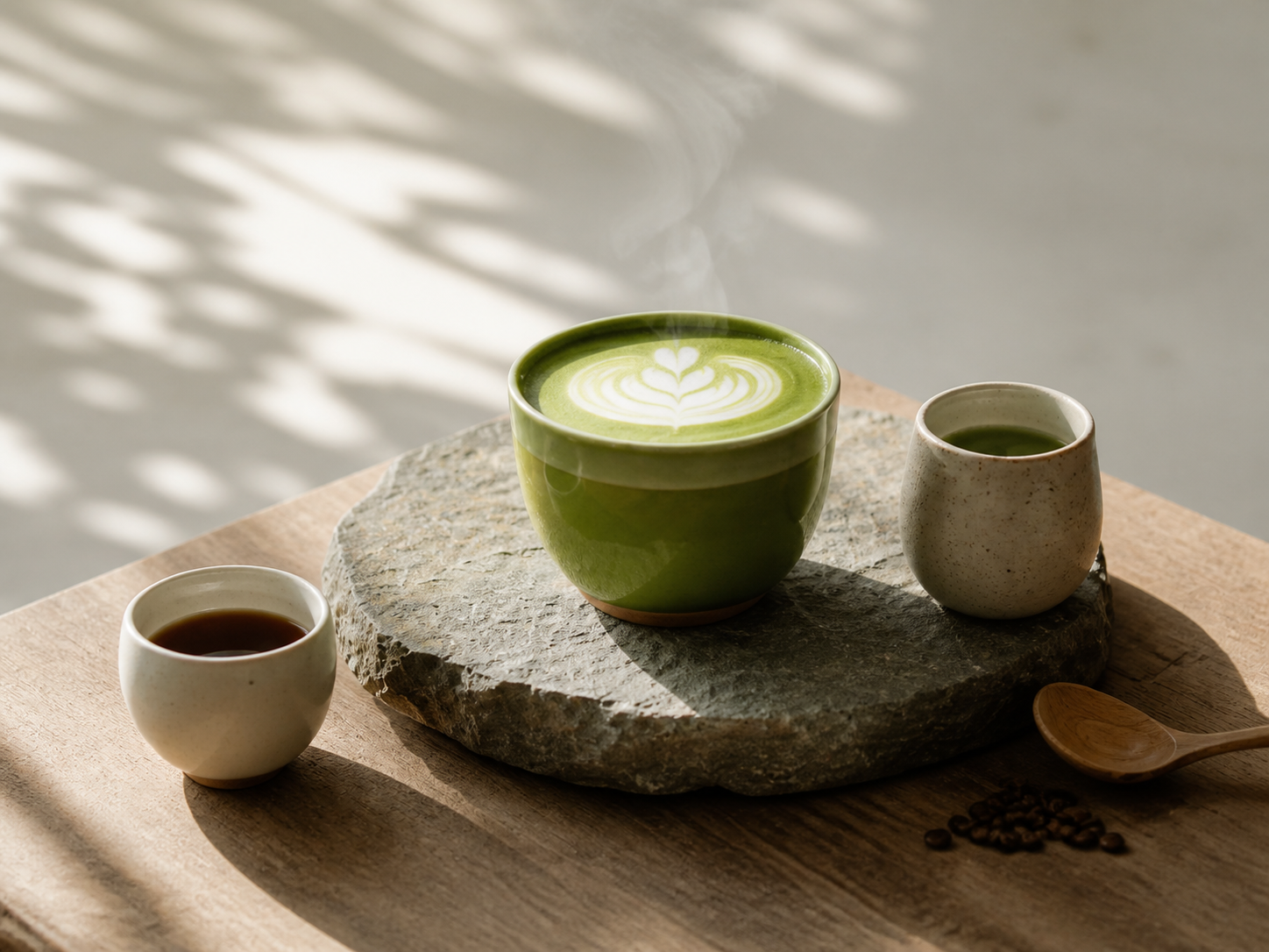 Matcha latte in a green ceramic bowl on a stone slab with small tea cups.