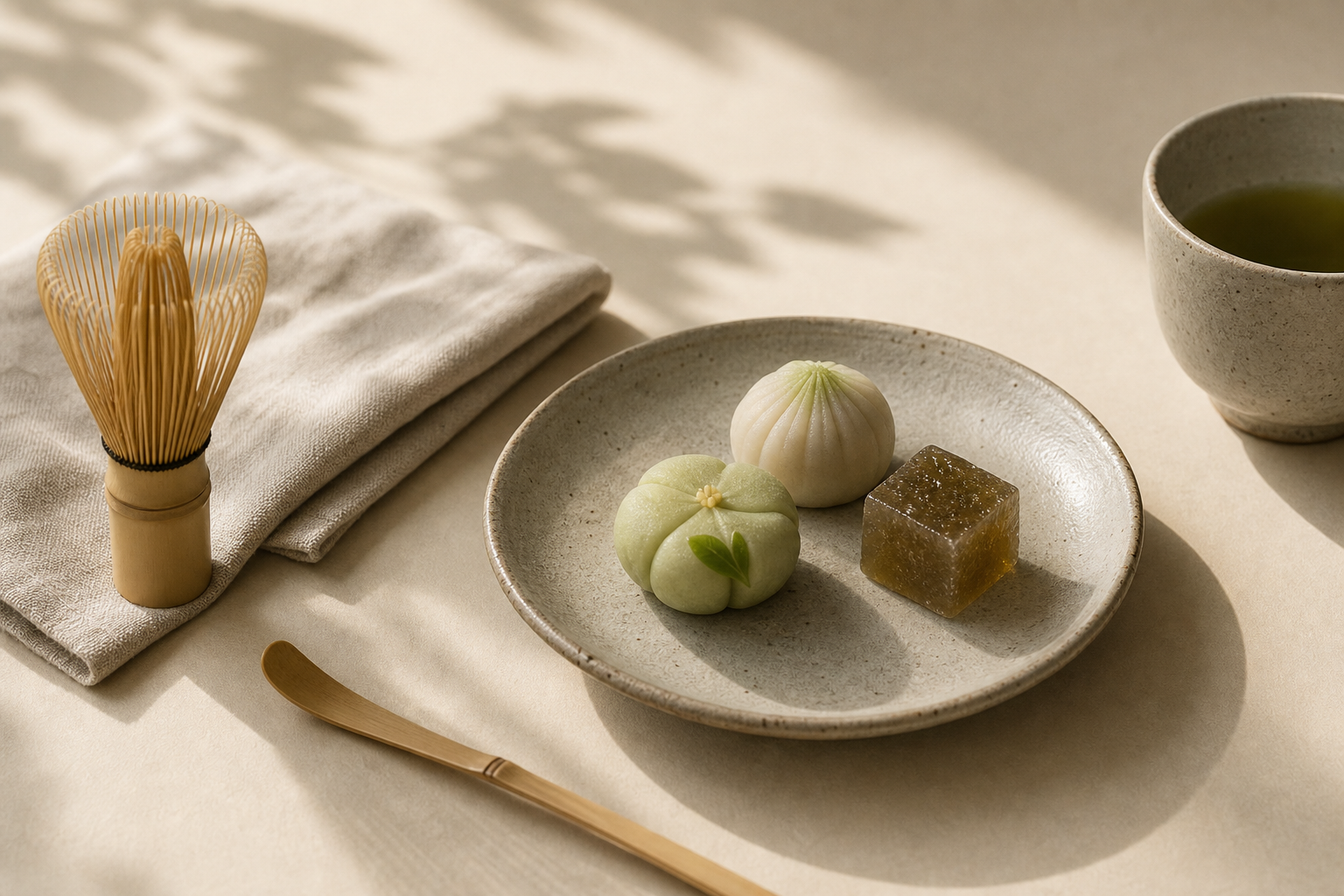 Seasonal wagashi sweets with a bamboo whisk, linen napkin, and tea cup.