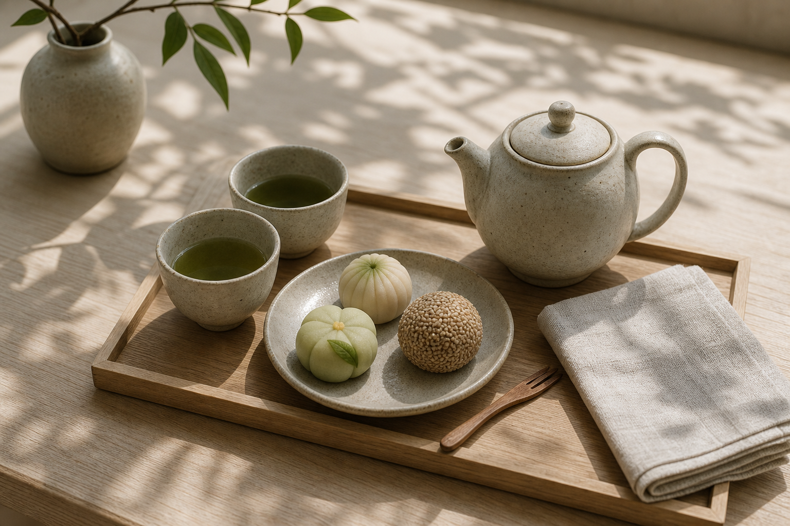 Tea service tray with wagashi and ceramic teapot.