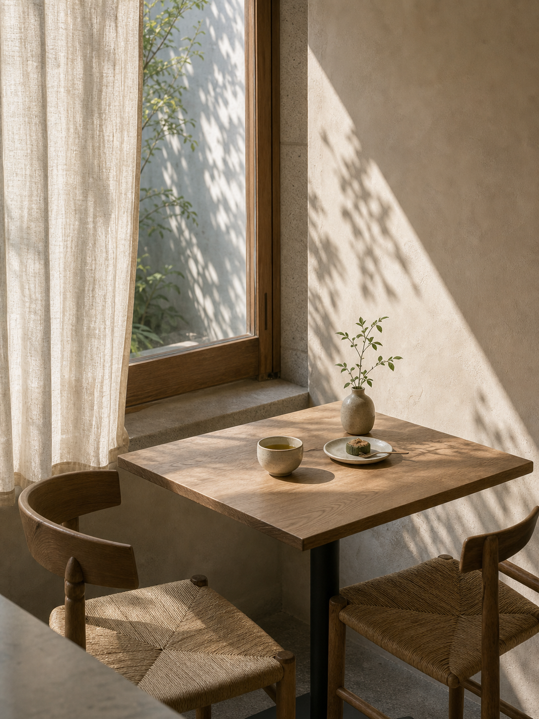 Quiet table for two beside a cafe window.
